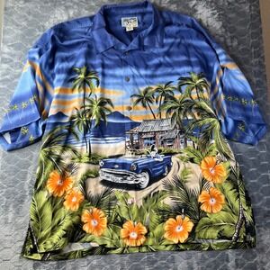 Big Dogs Hawaiian Shirt Mens 4X Blue Tropical Beach Classic Car Rayon Button Up